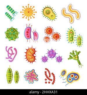 Infection bacteria and pandemic virus vector biology icons. Vector flat bacteria microbe iluustration. Micro organism, allergen isolated on white back Stock Vector