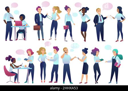 Office workers people with Chat Communication bubbles talking to each other. Male and female business people communicating and discussing with friends Stock Vector