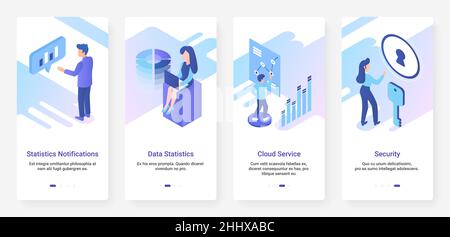 Data statistics, security cloud service vector illustration. UX, UI onboarding mobile app page screen set with line internet database technology to se Stock Vector