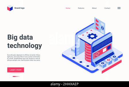 Creative concept landing page, interface banner design with cartoon 3d tech datacenter service of cloud server storage, digital database hardware, iso Stock Vector