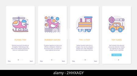 Kid toys for playing vector illustration. UX, UI onboarding mobile app page screen set with line childs car, train, duck, helicopter for children lear Stock Vector