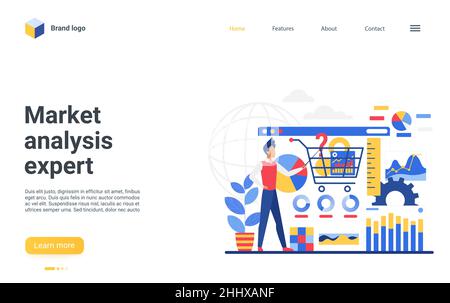Cartoon businessman character consults, makes financial research, reports online data analysis. Internet consulting service, landing page website desi Stock Vector