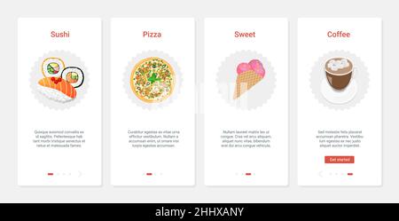 Fast food cafe with sushi pizza ice cream and coffee vector illustration. UX, UI onboarding mobile app page screen set with line takeaway product for Stock Vector