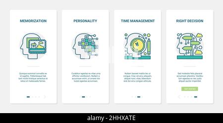 Time management, personalization, brainstorm vector illustration. UX, UI onboarding mobile app page screen set with line human brain, intelligence mem Stock Vector