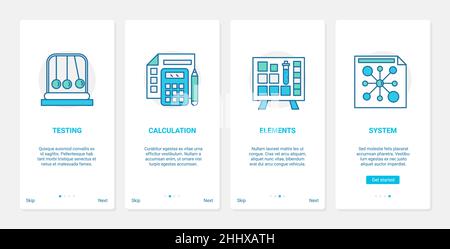 Science laboratory plan experiment vector illustration. UX, UI onboarding mobile app page screen set with line calculation preparation and test system Stock Vector