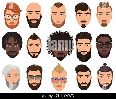 Men hairstyles. Different modern male haircuts, hipster and classic trendy  style, short and long, brown mustaches and beards on mannequins Stock Vector  Image & Art - Alamy