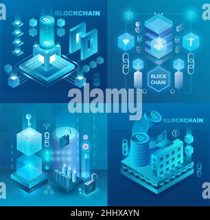 Data center, cryptocurrency and blockchain technology market isometric vector illustrations set Stock Vector
