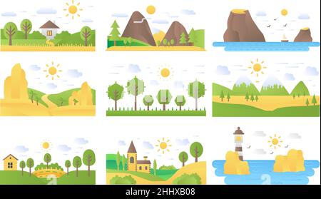 Landscape cartoon flat concept nature icons illustrations vector set Stock Vector