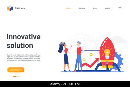 Cartoon website landing page design with starting rocket, light bulb, money, successful innovation or business project startup symbol. Innovative solu Stock Vector