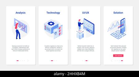 Data analysis smart solutions vector illustration. UX, UI onboarding mobile app page screen set with line service report, analyzing technology for bus Stock Vector