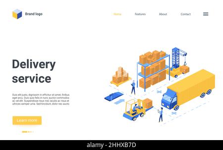 3d landing page website design with cartoon worker characters work on loader forklift, load pallet boxes in truck, loading process in warehouse. Isome Stock Vector
