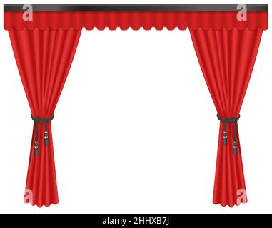 Opened luxury, expensive scarlet red silk velvet curtains draperies isolated on the white background Stock Vector
