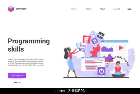 Website creative design, landing page with cartoon student characters learn programming code, study creating program software, coursework technology. Stock Vector