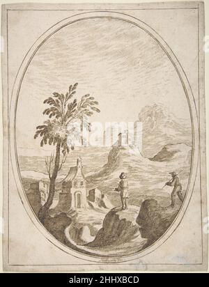 Vertical Oval Vignette of a Mountainous Landscape with Two Shepherds in the Foreground. late 17th century Carlo Antonio Buffagnotti Italian. Vertical Oval Vignette of a Mountainous Landscape with Two Shepherds in the Foreground.  371949 Stock Photo