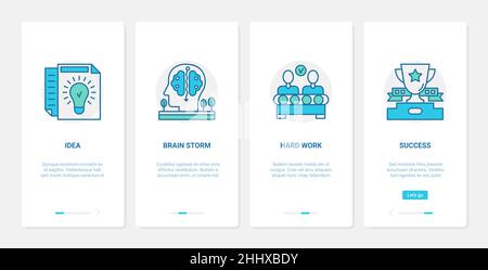 Success brainstorm business idea vector illustration. UX, UI onboarding mobile app page screen set with line processing thinking human brain, light bu Stock Vector