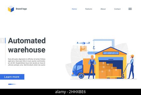 Cartoon automated warehouse landing page, warehousing business delivery company, worker characters packaging containers on truck in storehouse, loadin Stock Vector