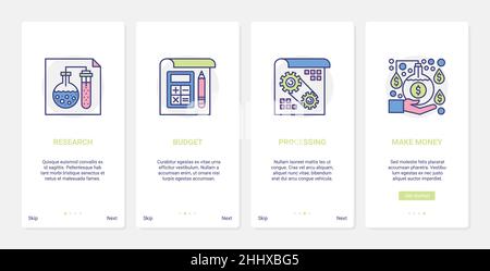 Business market research to make money vector illustration. UX, UI onboarding mobile app page screen set with line researcher analyst hand making mone Stock Vector