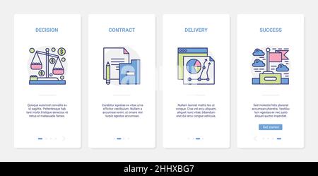 Final decision, business success contract vector illustration. UX, UI onboarding mobile app page screen set with line successful signing document cont Stock Vector