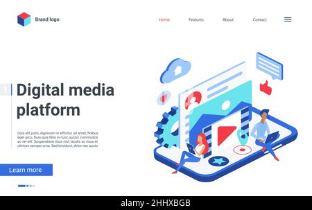 Website landing page creative design with cartoon isometric man woman user characters work with multimedia files database, upload and play music or vi Stock Vector