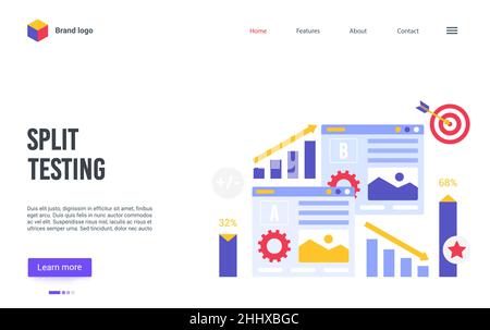 Cartoon landing page website design for online service of conversion rate business optimization, AB test, researches A-B comparison analytics, choose Stock Vector