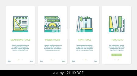 Power machine repair tools, hand wood work carpenter equipment vector illustration. UX, UI onboarding mobile app page screen set with line powered mac Stock Vector