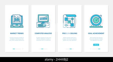 Business trend data analysis and analytics vector illustration. UX, UI onboarding mobile app page screen set with line trendy business consulting serv Stock Vector