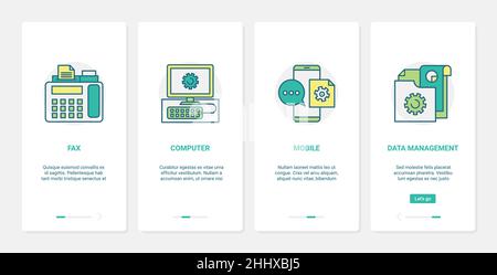 Support communication, call center vector illustration. UX, UI onboarding mobile app page screen set with line customer support help service with fax Stock Vector