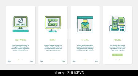 Social media communication and networking vector illustration. UX, UI onboarding mobile app page screen set with line chat messages on computer screen Stock Vector