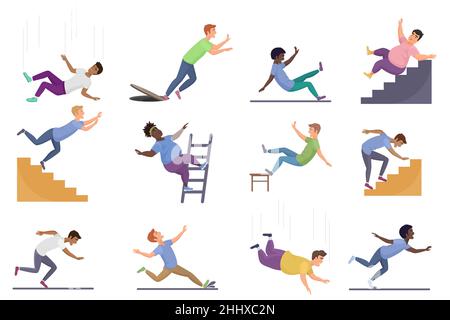 Falling people set, fall down from slippery ladder or stairs, wet staircase Stock Vector