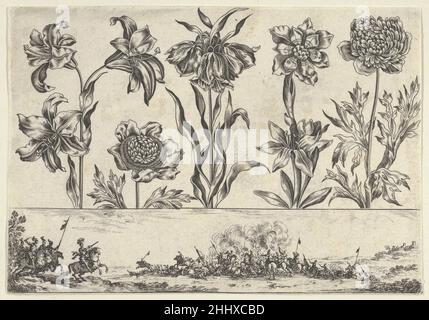Horizontal Panel with a Row of Flowers Above a Frieze with a Battle Scene in a Landscape, from Livre Nouveau de Fleurs Tres-Util 1645 Nicolas Cochin French At top, a horizontal panel with a row of flowers, including three lilies on a stem at left. Below, a frieze with a battle scene in a landscape, with combat at center, and a group of mounted soldiers approaching from the far left. In the far background at right, a castle. From a series of twelve plates with rows of flowers above friezes with landscapes, etched by Cochin, published by Balthazar Moncornet in Paris in 1645, and dedicated to the Stock Photo