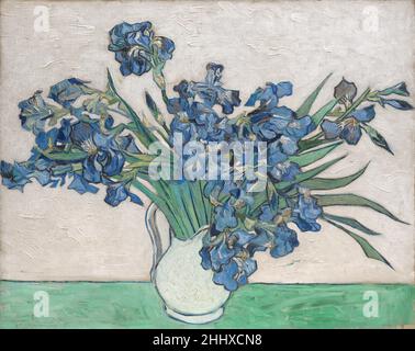 Irises 1890 Vincent van Gogh Dutch In May 1890, just before he checked himself out of the asylum at Saint-Rémy, Van Gogh painted four exuberant bouquets of spring flowers, the only still lifes of any ambition he had undertaken during his yearlong stay: two of irises, two of roses, in contrasting color schemes and formats. In the Museum’s Irises he sought a “harmonious and soft” effect by placing the “violet” flowers against a “pink background,” which have since faded owing to his use of fugitive red pigments. Another work from this series, Roses (1993.400.5), hangs in the adjacent gallery. Bot Stock Photo