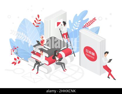 Online language courses isometric vector illustration. Japanese language Internet class, e learning, distance education, remote school, Japan universi Stock Vector