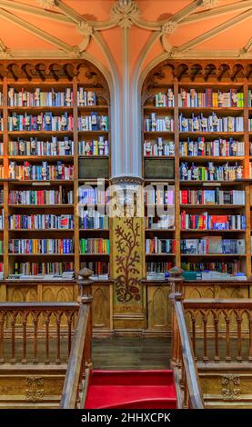 Porto, Portugal - May 30 2018: Bookshelves and a staircase at the exquisitely decorated Livraria Lello and Irmao bookshop in a neo-gothic building Stock Photo