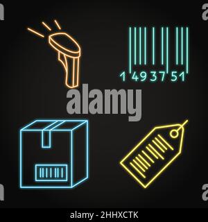 Neon barcode tags and scanner icon set in line style. Vector illustration. Stock Vector