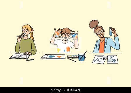 Education and learning subjects concept. Group of happy excited people children kids sitting learning writing painting and chemistry in class vector illustration  Stock Vector