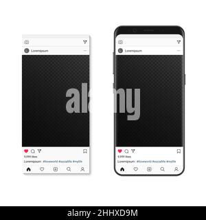 Social network pictire post on smartphone screen. Vector Mockup social photo frame composer Stock Vector