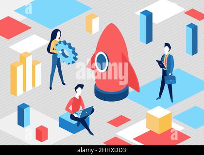 Isometric business start up concept, project startup process Stock Vector