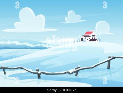 Winter landscape cartoon vector illustration. Houses on snowy hill. Rural area in cold day. Frosty nature view. Countryside in wintertime. New year an Stock Vector