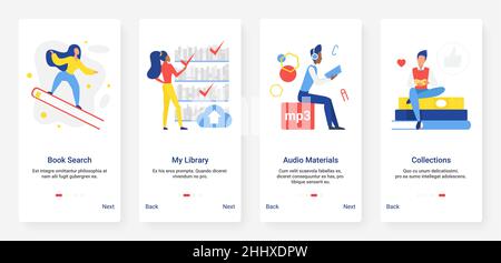 Online library education digital technology mobile app page onboard screen set Stock Vector