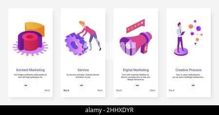 Digital marketing, creative process tech service mobile app page screen set Stock Vector