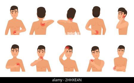 Pain in the human man body. Man feels pain infographic set Stock Vector