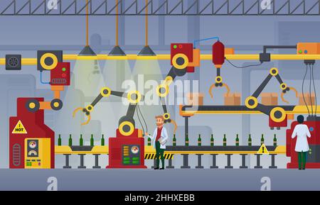 Modern beer factory, conveyor bottling process, product packaging facilities interior Stock Vector