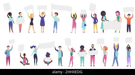 Cheering protesting people crowd holding banners set isolated Stock Vector