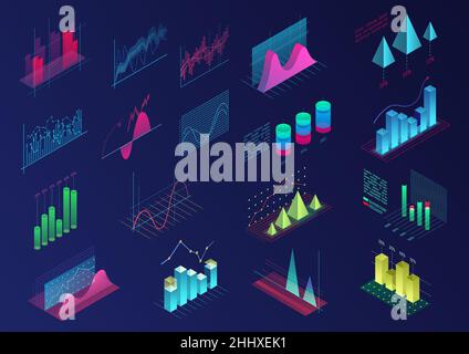 Set of vivid colorful infographic elements for ui design, presentation graphics, data statistics. 3d isometric bright light diagram vector illustratio Stock Vector