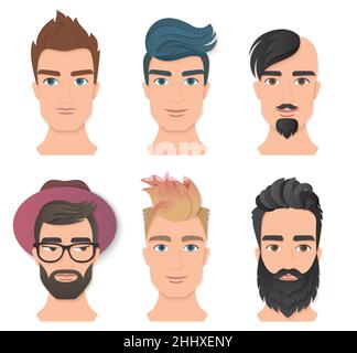 Male portrait avatar face set vector illustration. Young stylish man faces with various beards and hairstyle. Trendy paper layered cut art. Origami be Stock Vector