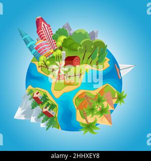 Cartoon cute planet concept. Planet globe with city buildings, farm windmills, mountains, ocean, houses and desert pyramids vector Illustration Stock Vector