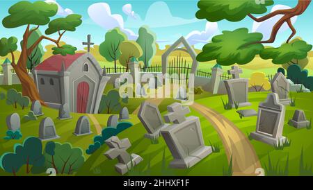 Cemetery graveyard landscape vector illustration. Cartoon summer day panorama scenery with old memorial tombstones, crypt among grass lawn and trees, Stock Vector