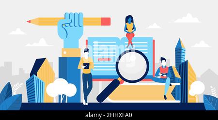 University, school or course education concept vector illustration. Cartoon students learning from home or classroom, reading open paper book, digital Stock Vector