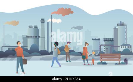 Sad and unhappy people wearing protective face masks and walking near factory pipes city with smoke on background. Industrial smog, fine dust, air pol Stock Vector