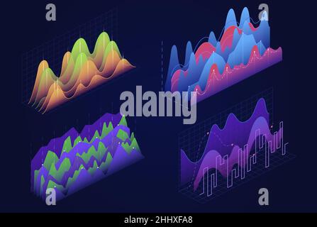 Isometric graphs charts, business infographic financial diagrams, statistical data analysis Stock Vector